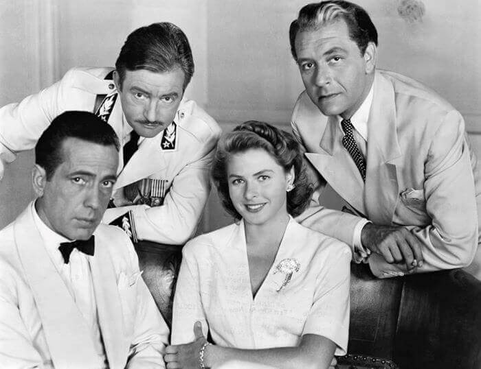 Rick Blaine (Humphrey Bogart), Ilsa Lund (Ingrid Bergman), Captain Louis Renault (Claude Rains) and Victor Lazlo (Paul Henreid) in Casablanca-1942.