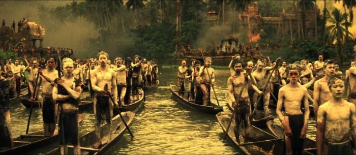Scene from Apocalypse Now (1979) at Kurtz’s outpost in Cambodia.