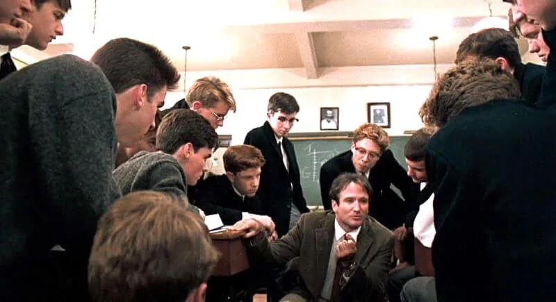 Robin Williams (as John Keating) kept his students bemused with the teaching.