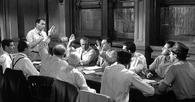 12 jurors in the courthouse in 12 Angry Men 1957