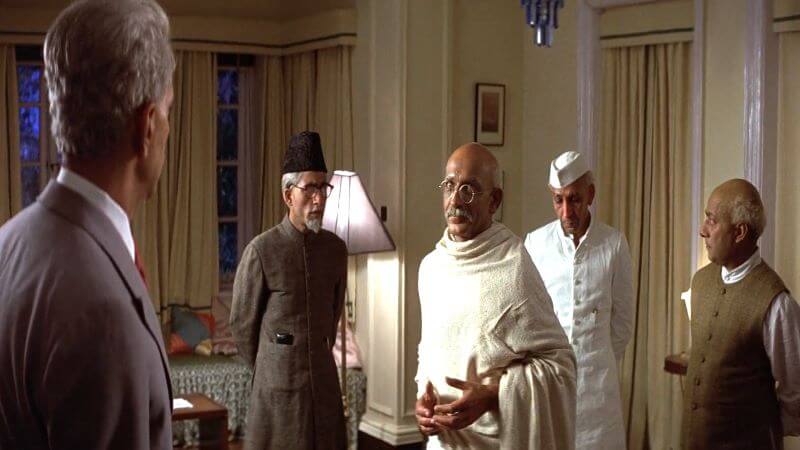 Mohammad Ali Jinnah (played by Alyque Padamsee), far left, Maulana Abdul Kalam Azad (played by Virendra Razdan), Mahatma Gandhi (played by Ben Kinsley), Jawaharlal Nehru (played by Roshan Seth) and Sardar Patel (played by Saeed Jaffrey) at Jinnah's residence. 