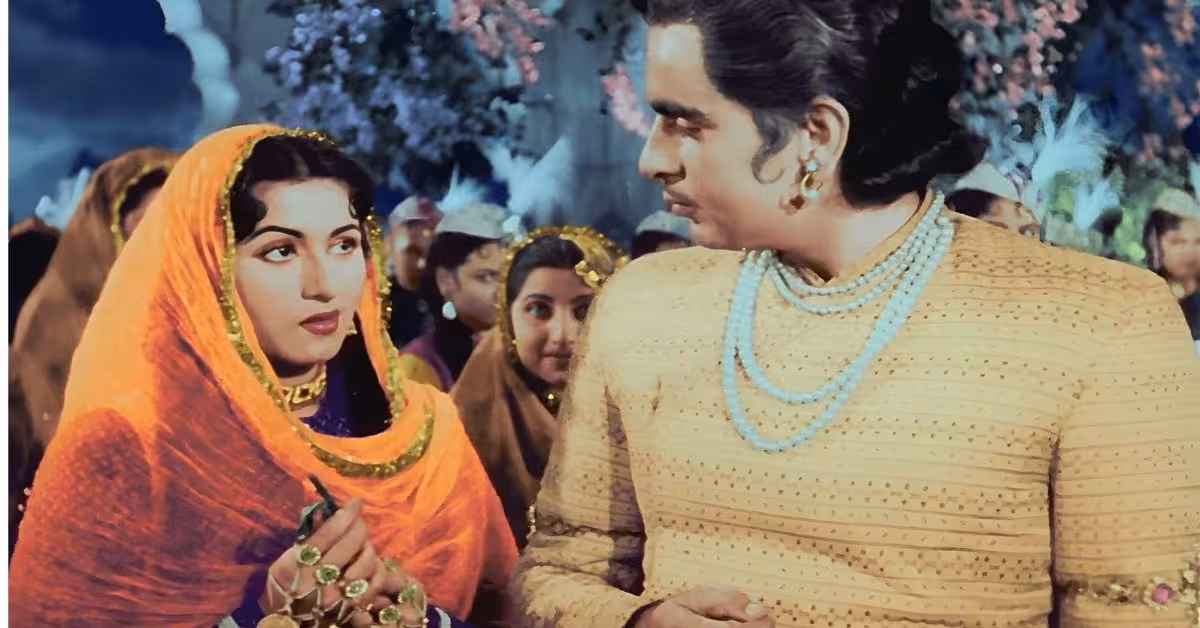 Madhubala and Dilip Kumar in Mughal-e-Azam as Anarkali and Prince Salim