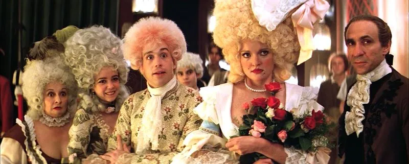 From left to right, Barbara Bryne as Frau Weber, Elizabeth Berridge as Constanze Mozart, Tom Hulce as Wolfgang Amadeus Mozart, Christine Ebersole as Katerina Cavalieri and F. Murray Abraham as Antonio Salieri in Amadeus (1984).