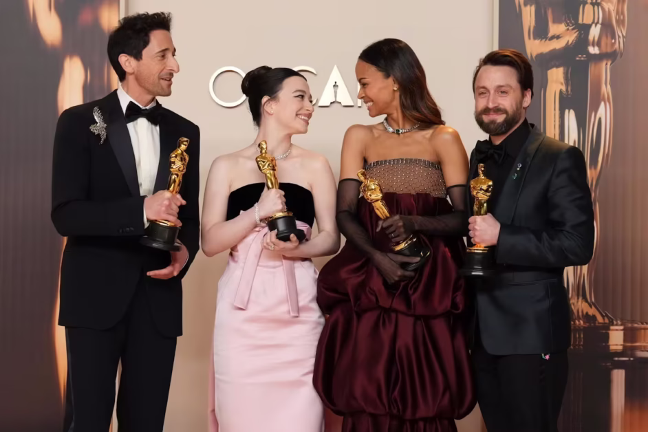 Adrien Brody, Mikey Madison, Zoe Saldaña and Kieran Culkin celebrate with their Oscars for Anora