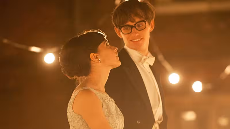 Felicity Jones and Eddie Redmayne as Jane Hawking and Stephen Hawking in The Theory of Everything (2014)