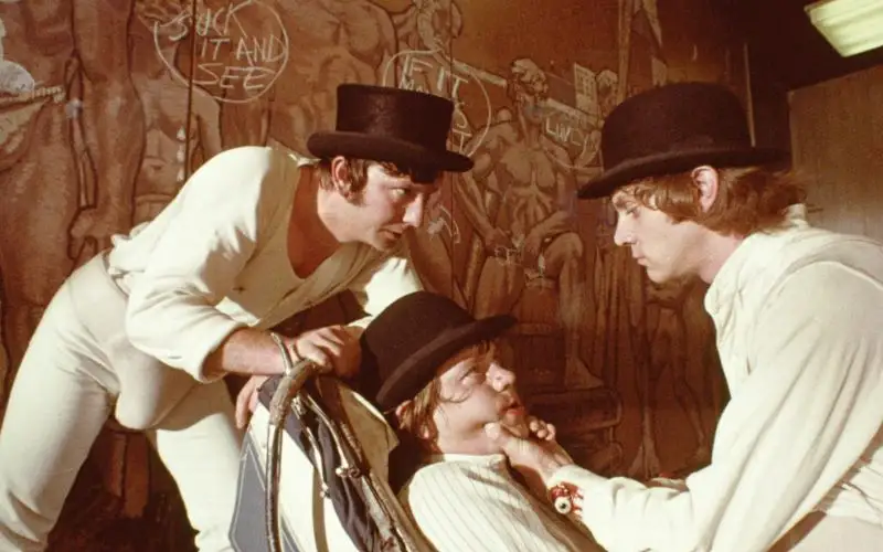 Malcolm McDowell, Warren Clarke, and James Marcus in A Clockwork Orange (1971)