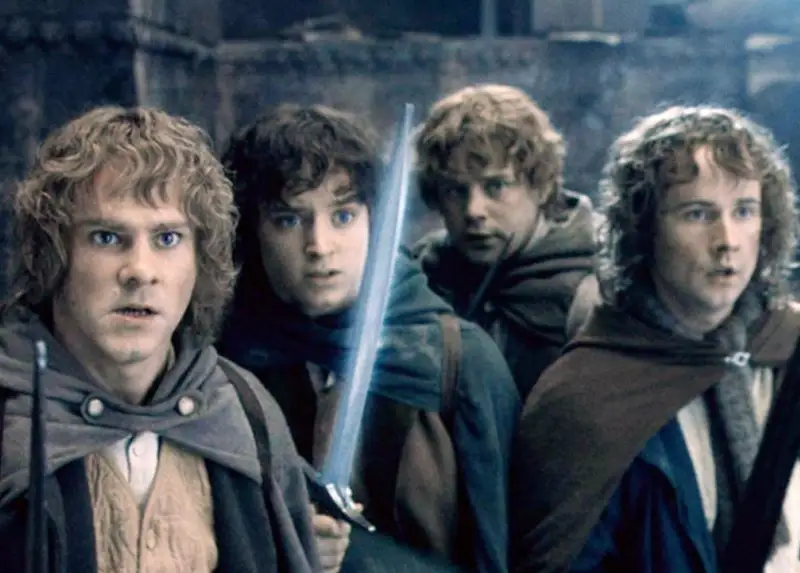 Sean Astin, Elijah Wood, Billy Boyd, and Dominic Monaghan in The Lord of the Rings: The Fellowship of the Ring (2001)
